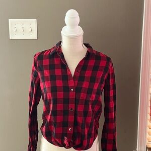 Madewell Red and Black Long Sleeve Tie Front Shirt